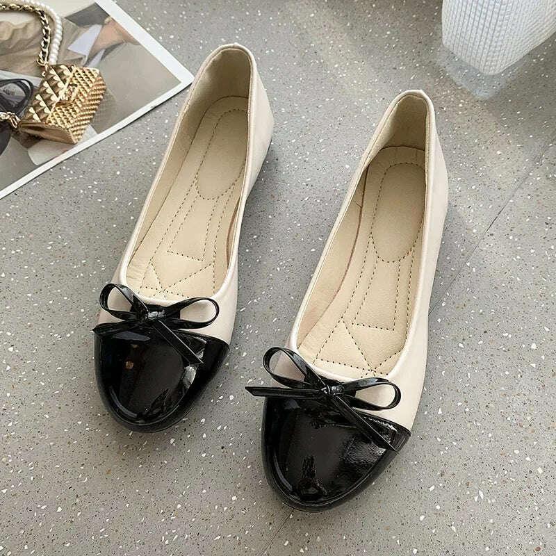 KIMLUD, Ballerina Women's Flat Shoes Comfort Non-slip Ladies Loafers Leather Flats Elegant Bowknot Women's Single Shoes Mother's Shoes, 35 / Beige, KIMLUD APPAREL - Womens Clothes