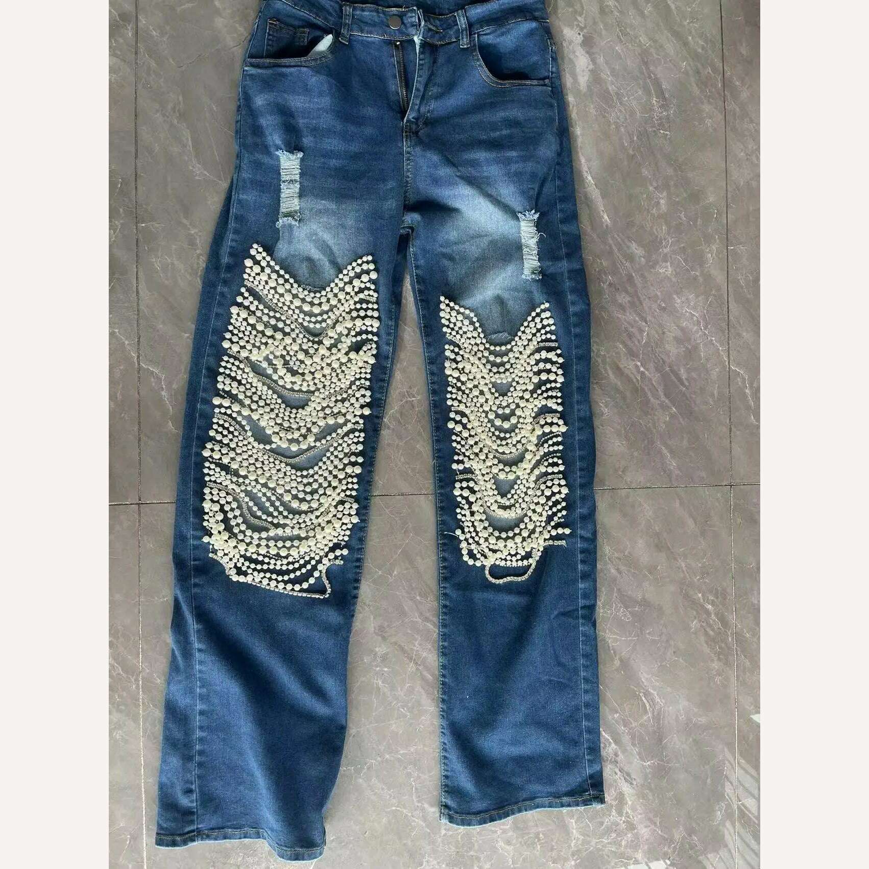 Beachapche Straight Jeans Women Holes Pearls Diamond Rhinstones Solid High Waist Fashion Cotton High Street Denim Pants - KIMLUD