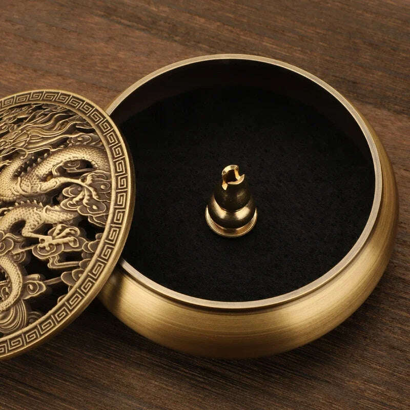 Beautiful Dragon and Phoenix Carved Copper Incense Burner Brass Incense Holder with Cover Sandalwood Round Censer Home Decor - KIMLUD