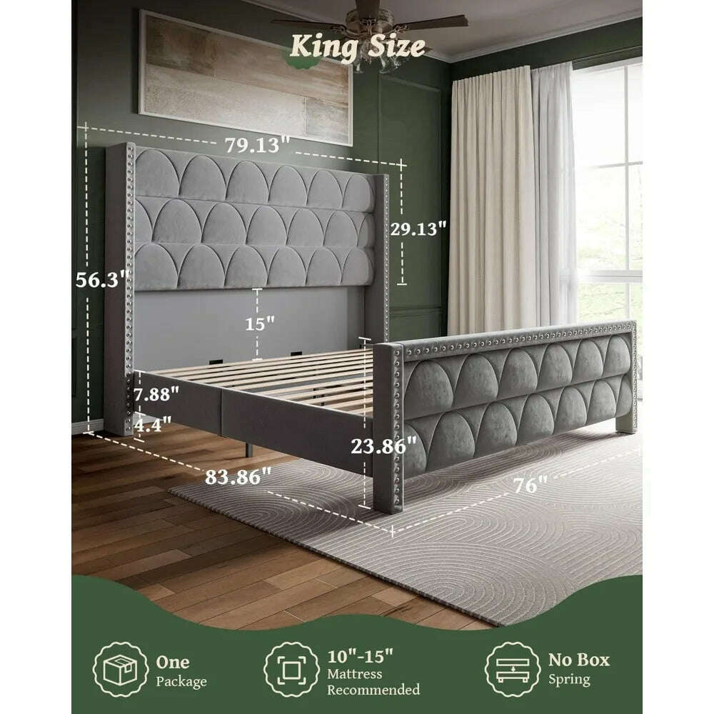 KIMLUD, Bed Frame with -1000LBS Capacity Support, Velvet Upholstered Wingback Platform Bed Frame, Noise Free, Sturdy Wooden Slat Support, KIMLUD Womens Clothes