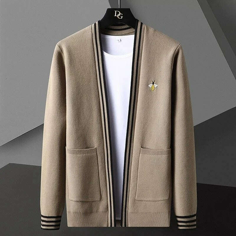 Bee Embroidery Men's Sweater Cardigan Korean Casual Coat Elegant Men Sweater 2021 Autumn Coat Trend Abrigo Hombre Men Clothing - KIMLUD