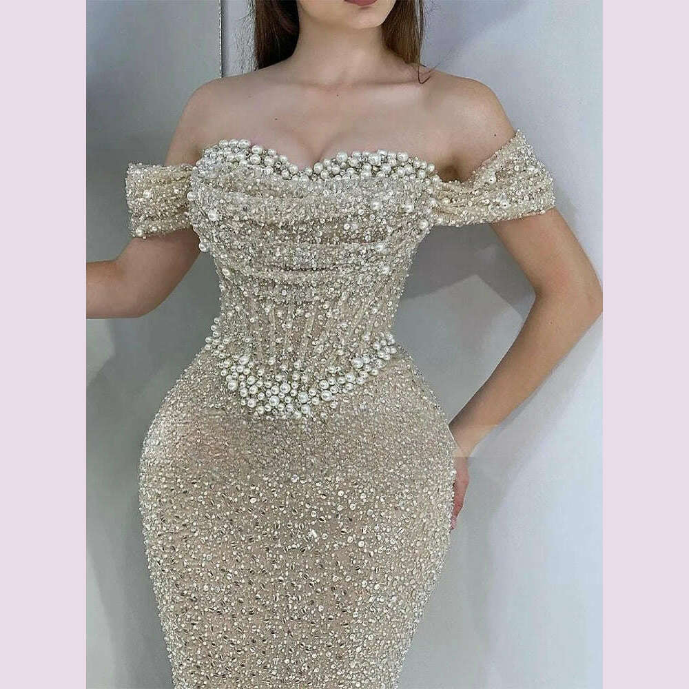 KIMLUD, Bella Bead String Off the Shoulder Mermaid robes de soirée Floor-Length Draped Cocktail Party Evening Dresses Wedding Dress, KIMLUD Womens Clothes