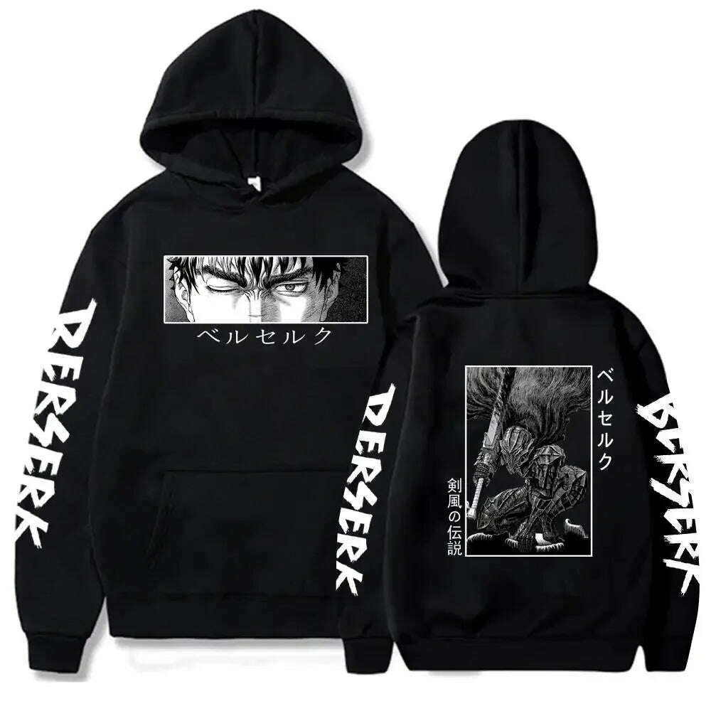 KIMLUD, Berserk Guts Hoodies Men Women Graphic Print Long Sleeve Streetwear Japanese Style Manga Sweatshirts Fleece Loose Soft Clothing, black6 / S, KIMLUD APPAREL - Womens Clothes