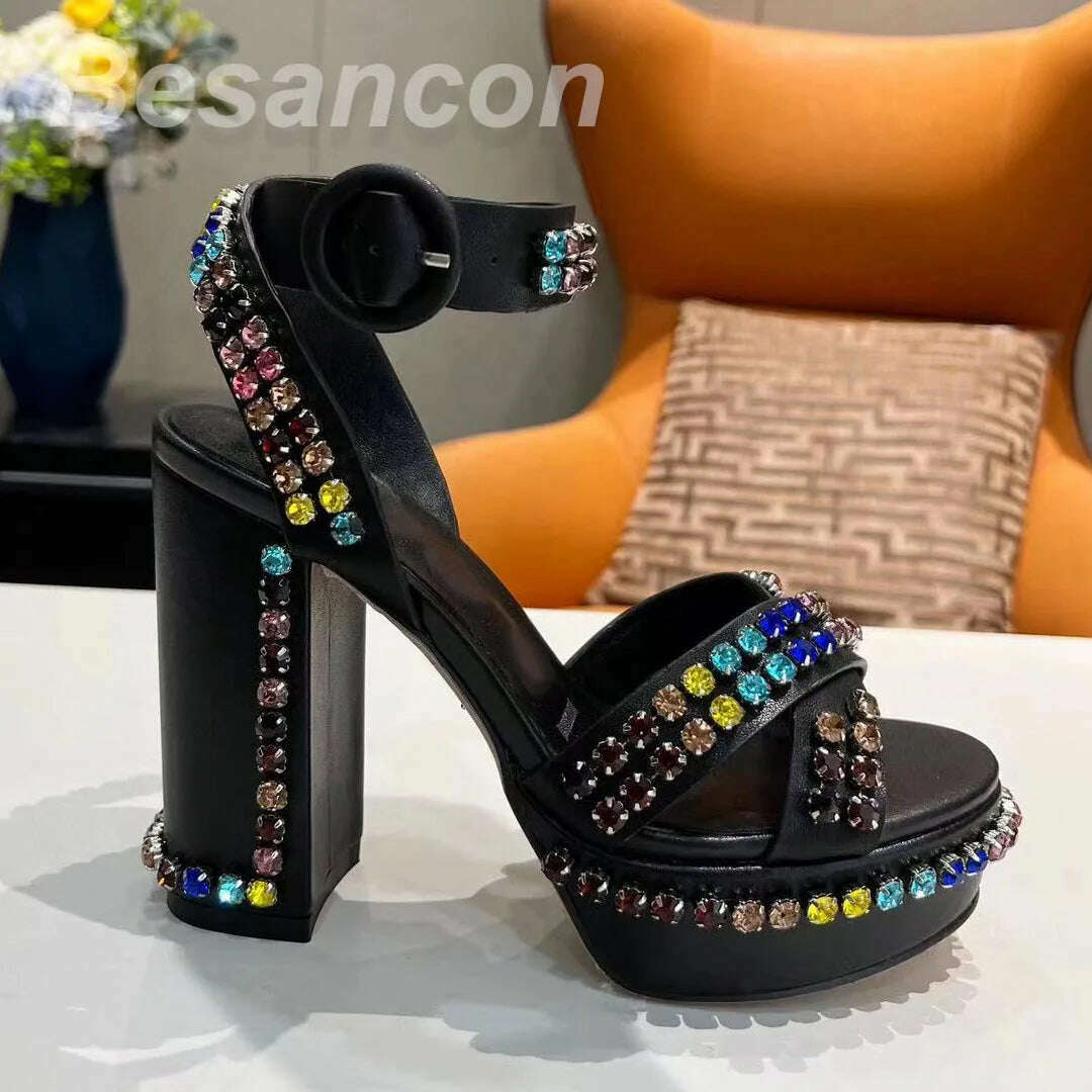 KIMLUD, Besancon 2025 Classic style Women's high-heeled 12cm sandals Diamonds Genuine leather Oversized 41 42 Waterproof platform, black / 35, KIMLUD APPAREL - Womens Clothes