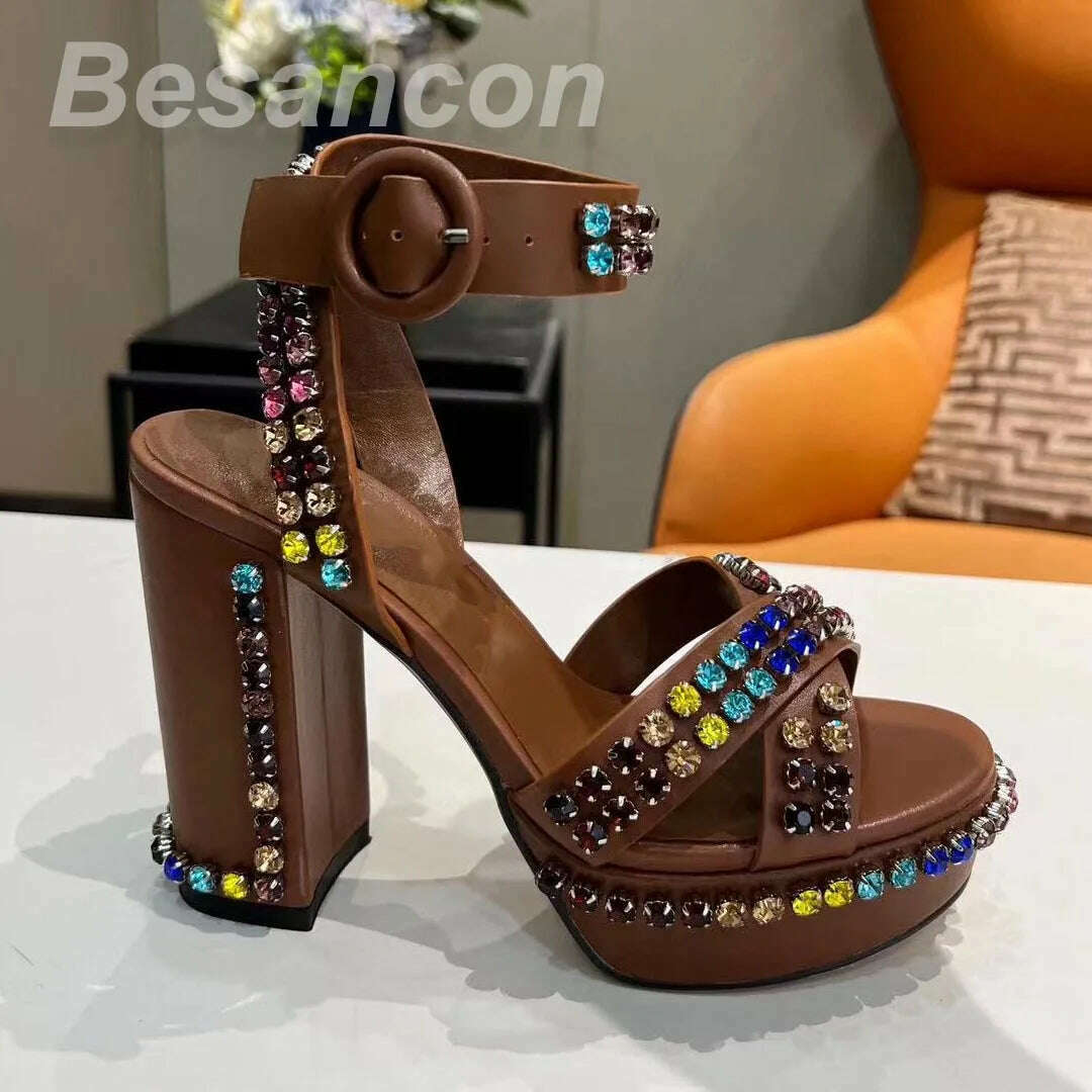 KIMLUD, Besancon 2025 Classic style Women's high-heeled 12cm sandals Diamonds Genuine leather Oversized 41 42 Waterproof platform, Brown / 35, KIMLUD APPAREL - Womens Clothes