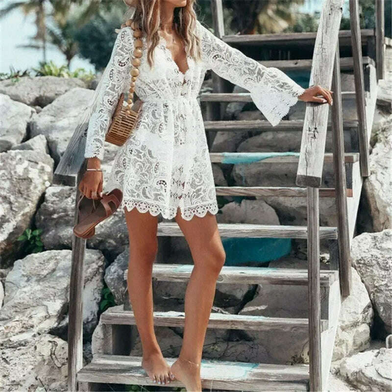 KIMLUD, Bikini Cover Ups for Women Beach Sundress Boho Crochet White Knitted V-neck Scallop Trim Lace Dress Tunic Pareos Robe Beachwear, KIMLUD Womens Clothes
