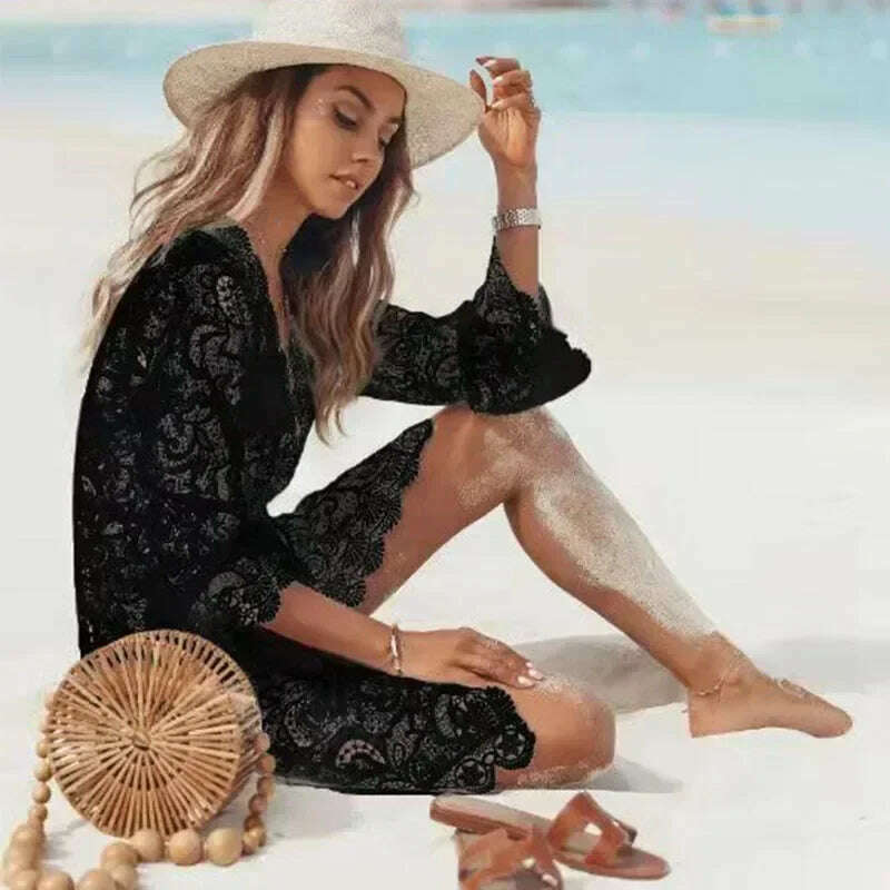 KIMLUD, Bikini Cover Ups for Women Beach Sundress Boho Crochet White Knitted V-neck Scallop Trim Lace Dress Tunic Pareos Robe Beachwear, black / M, KIMLUD APPAREL - Womens Clothes