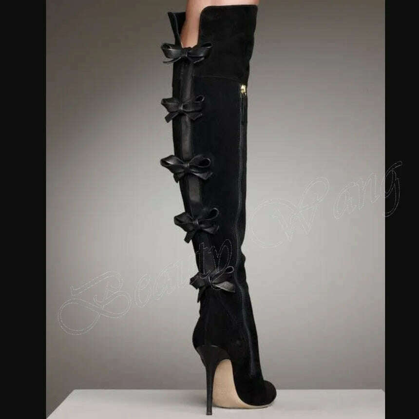 Black Back Bow Knee Boots Solid Side Zipper Over The Knee Women Stilettos High Heel Boots Boots Super High Club Wearing Boots - KIMLUD
