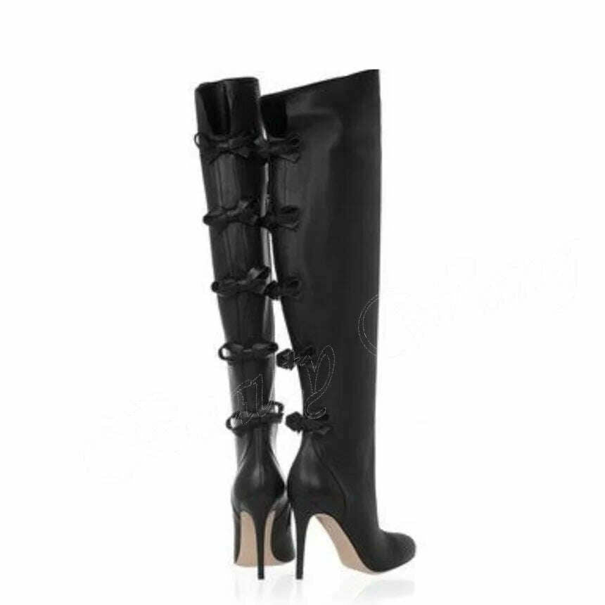 Black Back Bow Knee Boots Solid Side Zipper Over The Knee Women Stilettos High Heel Boots Boots Super High Club Wearing Boots - KIMLUD