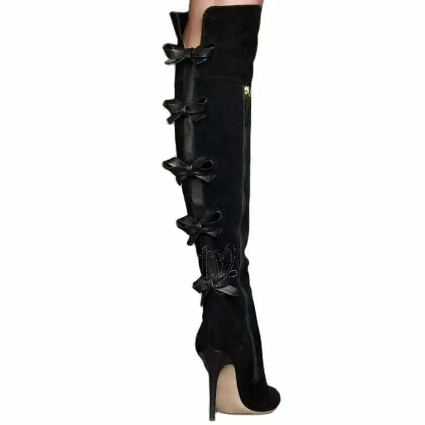 Black Back Bow Knee Boots Solid Side Zipper Over The Knee Women Stilettos High Heel Boots Boots Super High Club Wearing Boots - KIMLUD