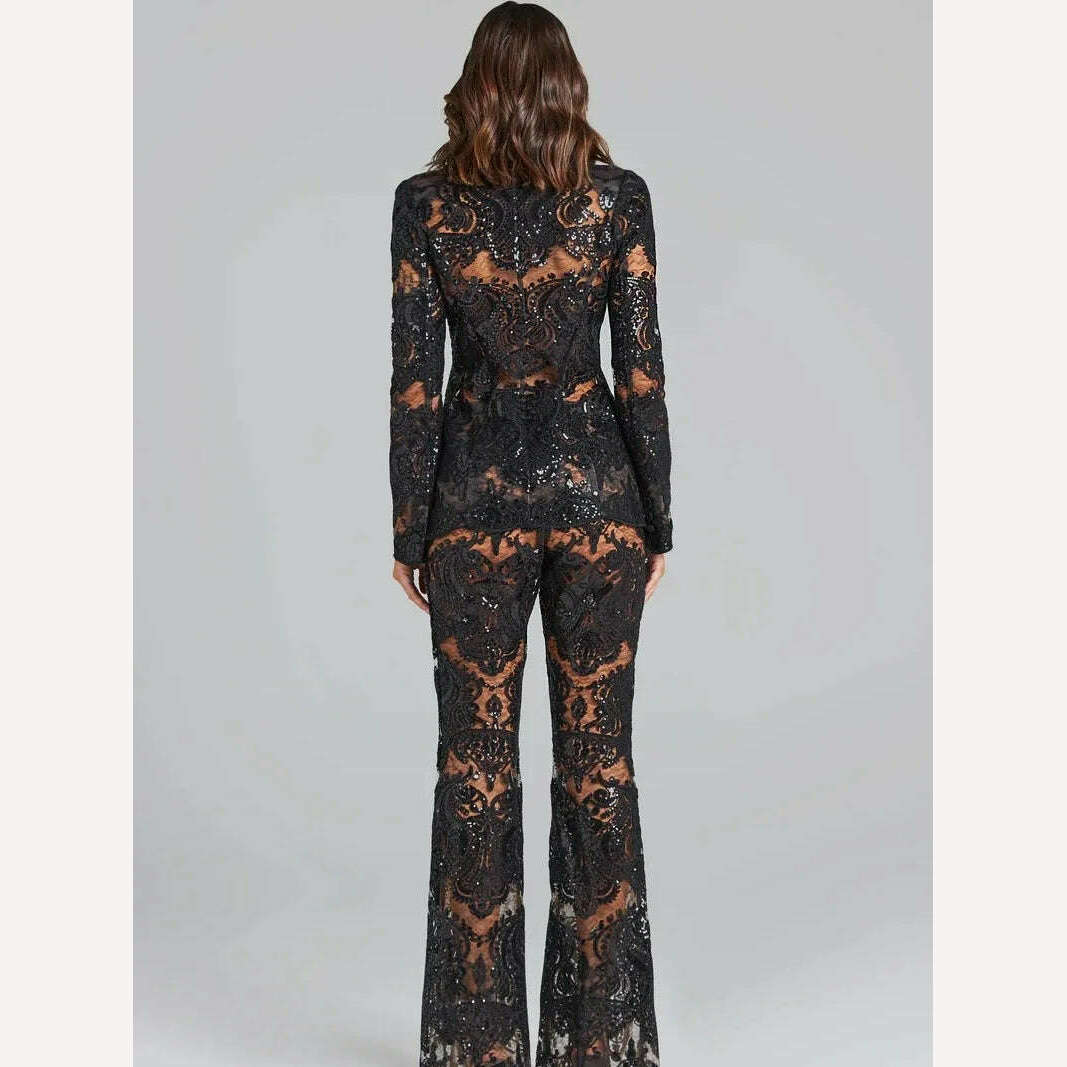 Black Lace Mesh Embroidered Sequin Pant Sets White New Designer Sequins Blazer Pants Set 2Pieces Suits Pants Punk Suit Outfis - KIMLUD