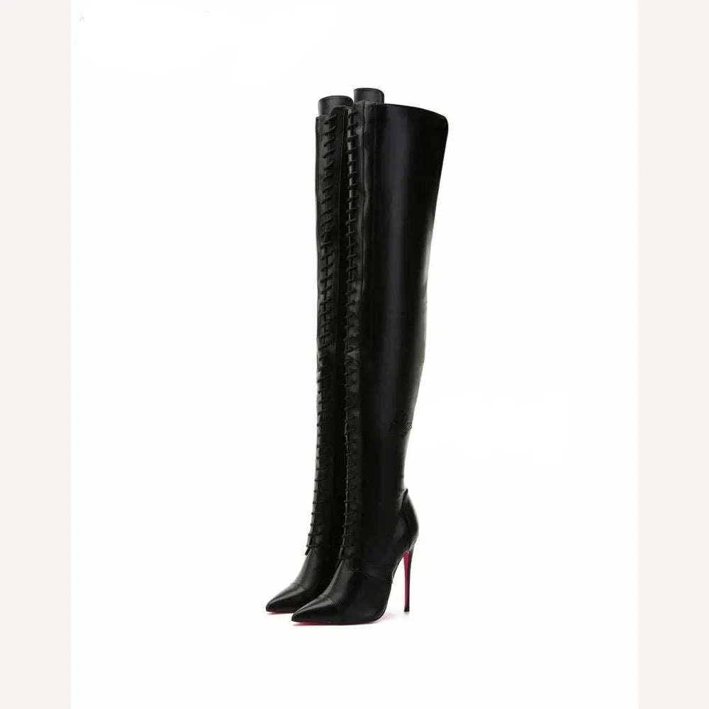 Black Matte Leather Lace up Thigh Boots Women Pointy Toe Stiletto Heels over Knee Boot Zipper Big Size Pink Sole Designer Shoes - KIMLUD