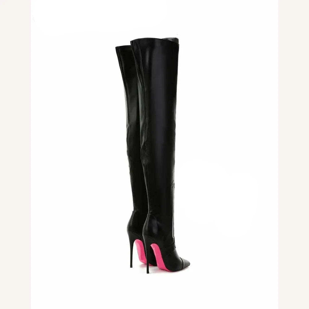 Black Matte Leather Lace up Thigh Boots Women Pointy Toe Stiletto Heels over Knee Boot Zipper Big Size Pink Sole Designer Shoes - KIMLUD