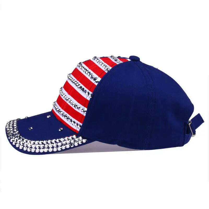 Bling Rhinestone Stripe Stars American Flag Baseball Cap Snap Back Hats for Men Women,Navy Red Black - KIMLUD