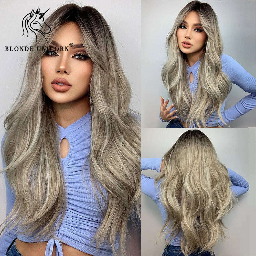 Blonde Unicorn Synthetic Long Wavy Wig Ombre Purple to Blue For WOMEN Cosplay halloween Wigs Heat Resistant Fiber Bangs Hair - KIMLUD