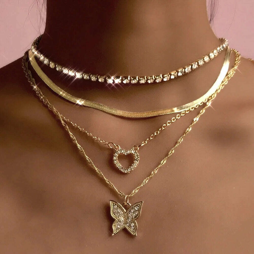 Bohemia Multilayer Crystal Butterfly Pendant Necklaces For Women Hollow Heart Choker Necklace Fashion Jewelry Party Gift N0321 - KIMLUD