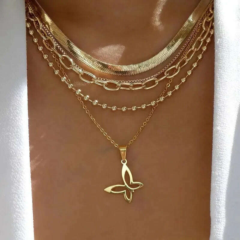 Bohemia Multilayer Crystal Butterfly Pendant Necklaces For Women Hollow Heart Choker Necklace Fashion Jewelry Party Gift N0321 - KIMLUD