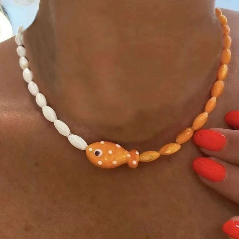 KIMLUD, Bohemian Colorful Glaze Fish Pendant for Women Striped Beaded Necklace Seaside Vacation Party Accessories, necklace 28, KIMLUD APPAREL - Womens Clothes