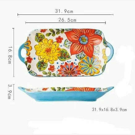 KIMLUD, Bohemian Double Ear Kitchen Household Steamed Fish Plate Ceramic Tableware Rectangular Dining Plate Vegetable Plate, A, KIMLUD Womens Clothes