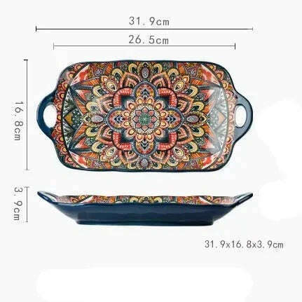 KIMLUD, Bohemian Double Ear Kitchen Household Steamed Fish Plate Ceramic Tableware Rectangular Dining Plate Vegetable Plate, KIMLUD Womens Clothes