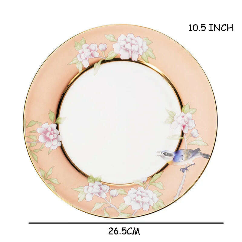 KIMLUD, Bone China Tableware Set Peony Cold Dish Cuckoo Cup Set Golden Edge Steak Tray Chinese Style Dinner Plate Flower Bird Coffee Cup, Model C, KIMLUD Womens Clothes