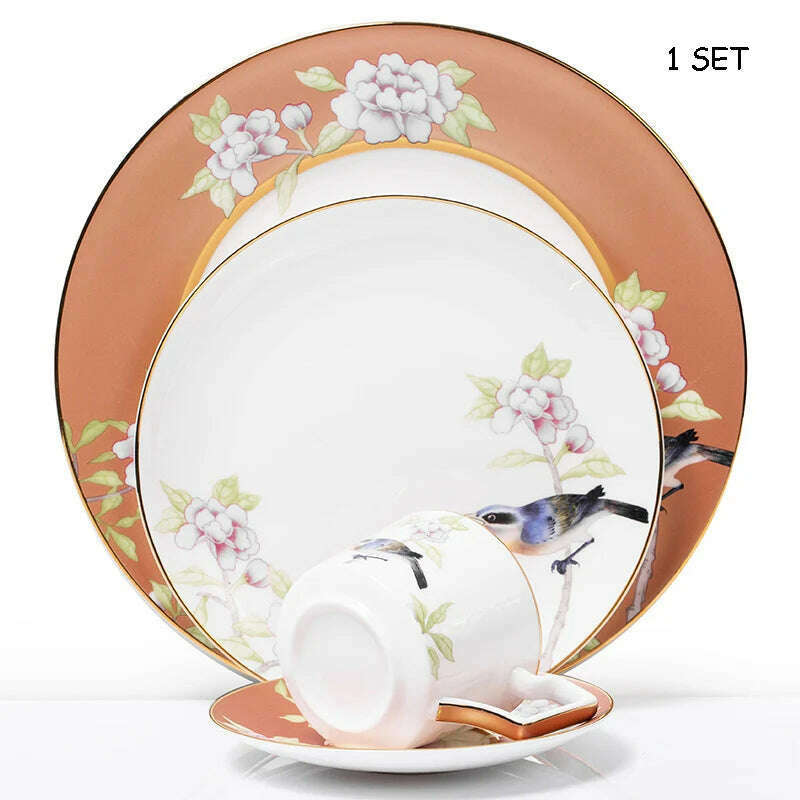 KIMLUD, Bone China Tableware Set Peony Cold Dish Cuckoo Cup Set Golden Edge Steak Tray Chinese Style Dinner Plate Flower Bird Coffee Cup, Model D, KIMLUD Womens Clothes