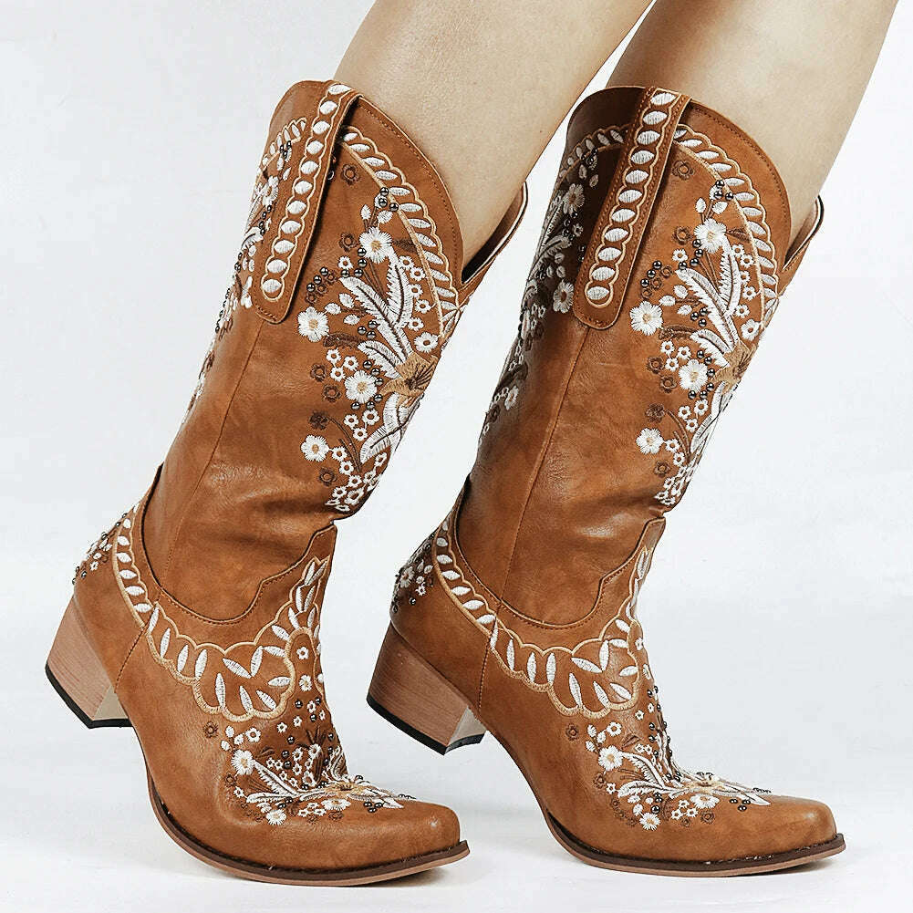 BONJOMARISA Ladies Platform Chunky Cowboy Embroidery Slip On Western Boots Women Sewing Floral Casual Leisure Ridding Boots - KIMLUD