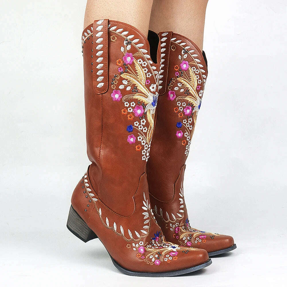 BONJOMARISA Ladies Platform Chunky Cowboy Embroidery Slip On Western Boots Women Sewing Floral Casual Leisure Ridding Boots - KIMLUD