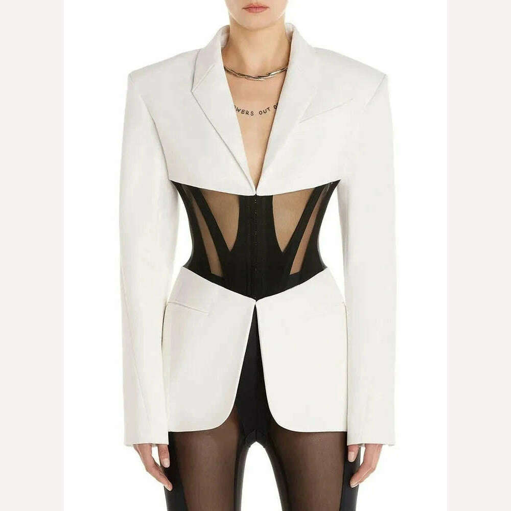 BPN Sexy Patchwork Sheer Mesh Blazer For Women Notched Collar Long Sleeve Hit Color Slim Blzers Female Fashion Clothing New 2023 - KIMLUD