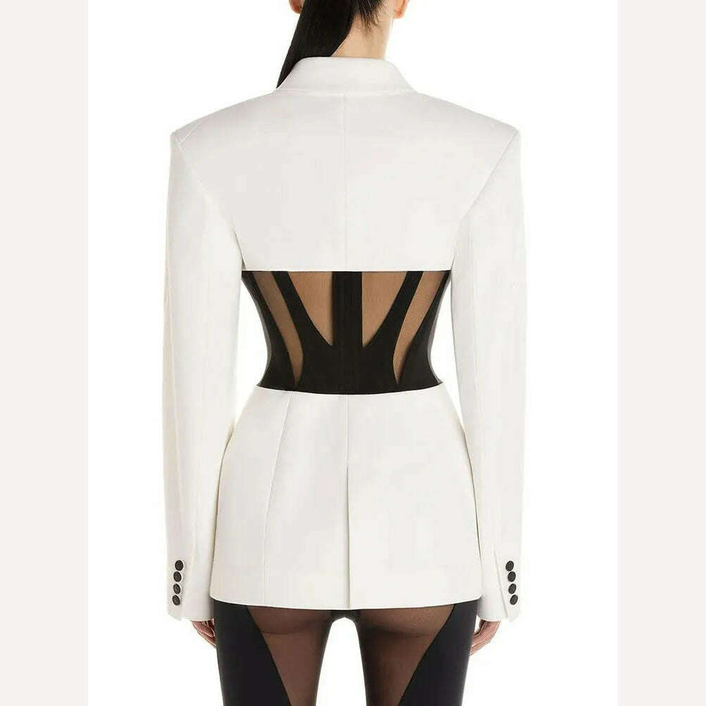 BPN Sexy Patchwork Sheer Mesh Blazer For Women Notched Collar Long Sleeve Hit Color Slim Blzers Female Fashion Clothing New 2023 - KIMLUD