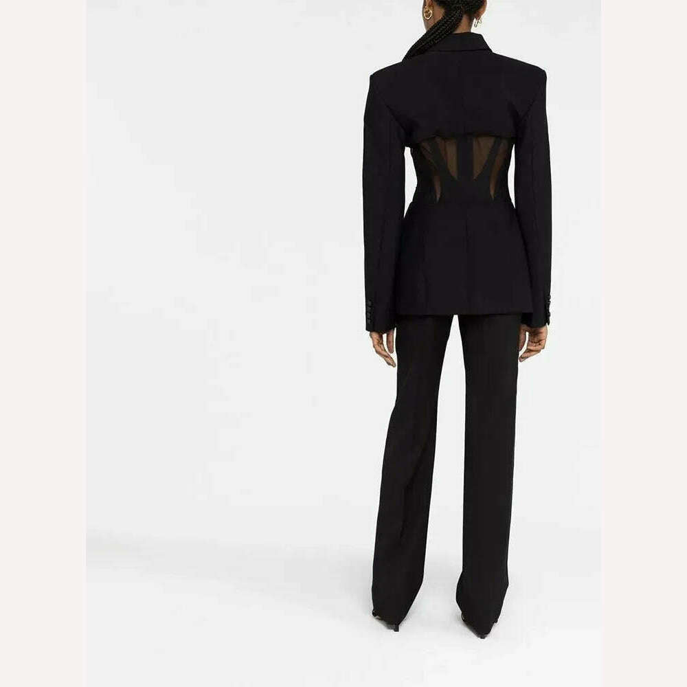 BPN Sexy Patchwork Sheer Mesh Blazer For Women Notched Collar Long Sleeve Hit Color Slim Blzers Female Fashion Clothing New 2023 - KIMLUD