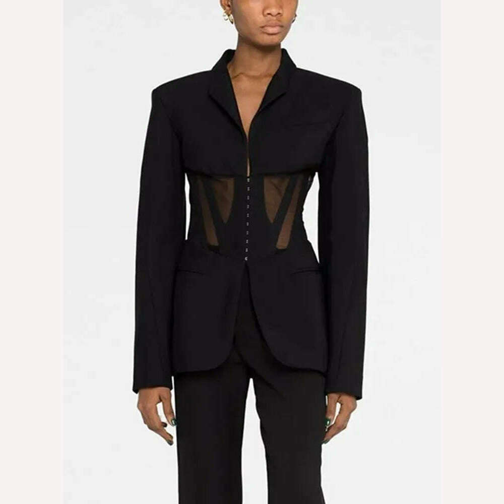 BPN Sexy Patchwork Sheer Mesh Blazer For Women Notched Collar Long Sleeve Hit Color Slim Blzers Female Fashion Clothing New 2023 - KIMLUD