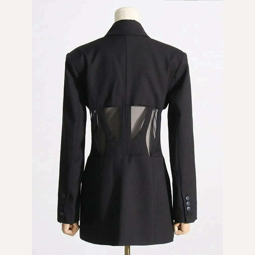 BPN Sexy Patchwork Sheer Mesh Blazer For Women Notched Collar Long Sleeve Hit Color Slim Blzers Female Fashion Clothing New 2023 - KIMLUD