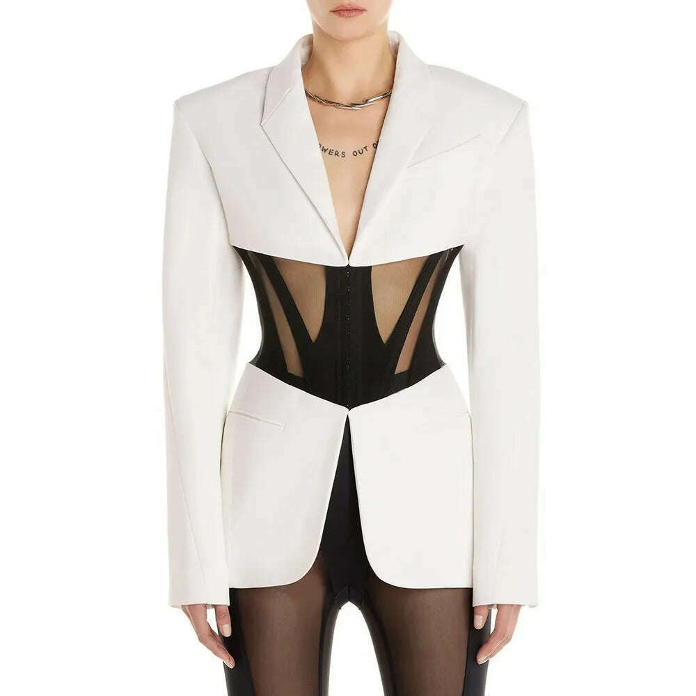 BPN Sexy Patchwork Sheer Mesh Blazer For Women Notched Collar Long Sleeve Hit Color Slim Blzers Female Fashion Clothing New 2023 - KIMLUD