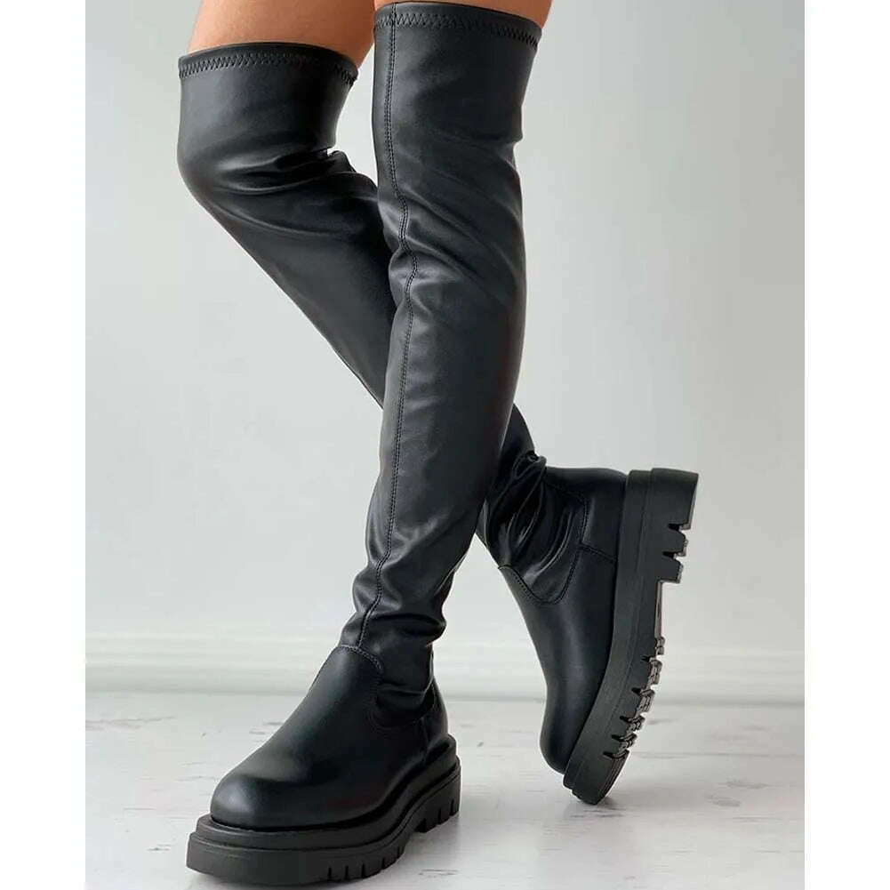 Brand New Ladies Chunky High Heels Thigh High Boots Fashion Solid Platform women's Over The Knee Boots Casual Comfy Woman Shoes - KIMLUD