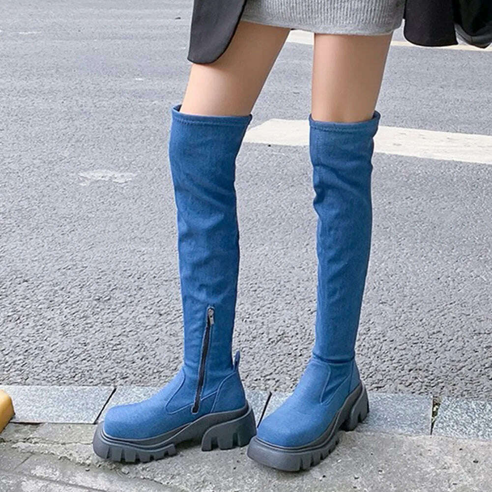 Brand New Ladies Chunky High Heels Thigh High Boots Fashion Solid Platform women's Over The Knee Boots Casual Comfy Woman Shoes - KIMLUD