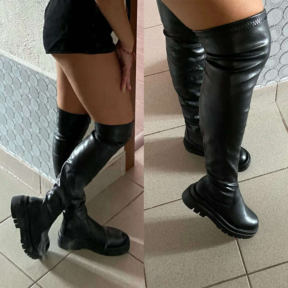 Brand New Ladies Chunky High Heels Thigh High Boots Fashion Solid Platform women's Over The Knee Boots Casual Comfy Woman Shoes - KIMLUD