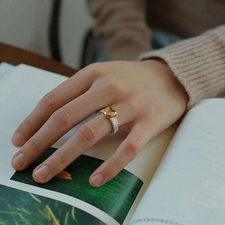 Brass 2 Tone Heart Solid Rings Women Jewelry Punk Style Designer Club Cocktail Party Gown Amazing Gift Trendy Boho Korean Japan - KIMLUD