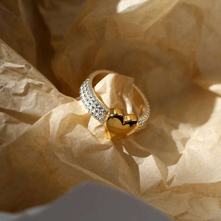 Brass 2 Tone Heart Solid Rings Women Jewelry Punk Style Designer Club Cocktail Party Gown Amazing Gift Trendy Boho Korean Japan - KIMLUD