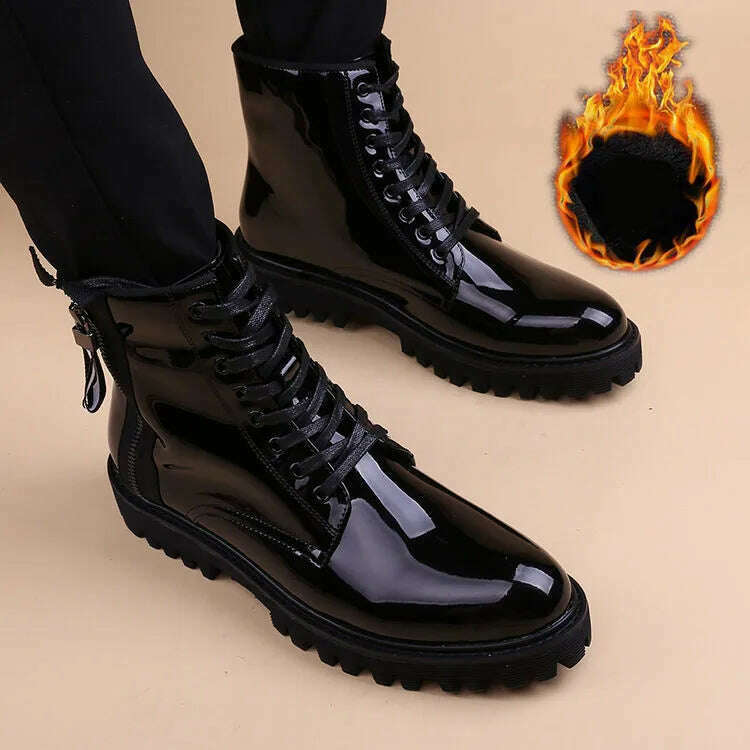 British style men luxury fashion bright patent leather boots black platform shoes designer ankle boot cowboy botas zapato hombre - KIMLUD