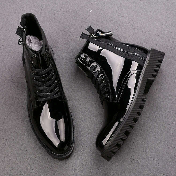 British style men luxury fashion bright patent leather boots black platform shoes designer ankle boot cowboy botas zapato hombre - KIMLUD