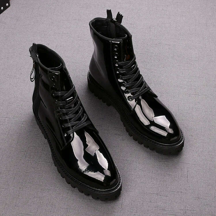 British style men luxury fashion bright patent leather boots black platform shoes designer ankle boot cowboy botas zapato hombre - KIMLUD