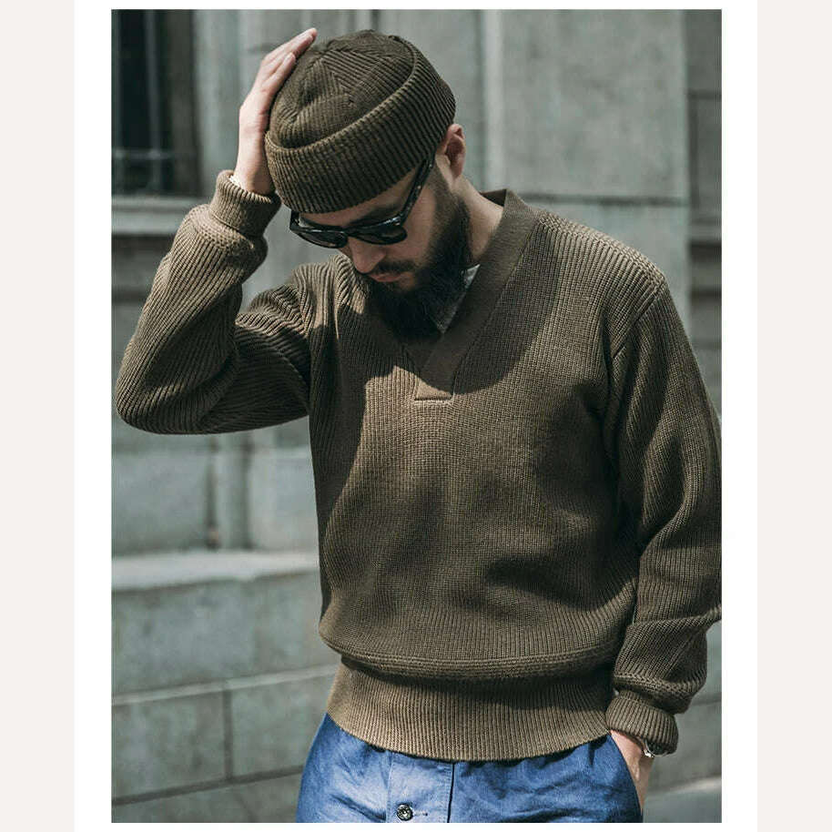 Bronson WWII USAAF Type A-1 Mechanic Sweater Men Heavyweight V-Neck Knit Jumper - KIMLUD