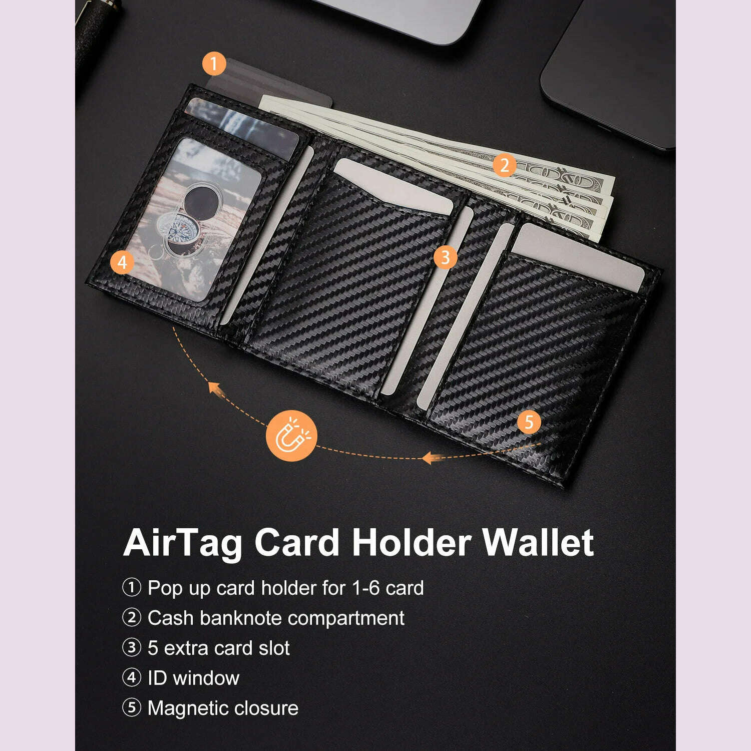 KIMLUD, Carbon Fiber Mens Airtag Wallet RFID Blcoking Pop Up Aluminum Card Holder Slim Male Smart Front Pocket with Banknote Compartment, KIMLUD Womens Clothes