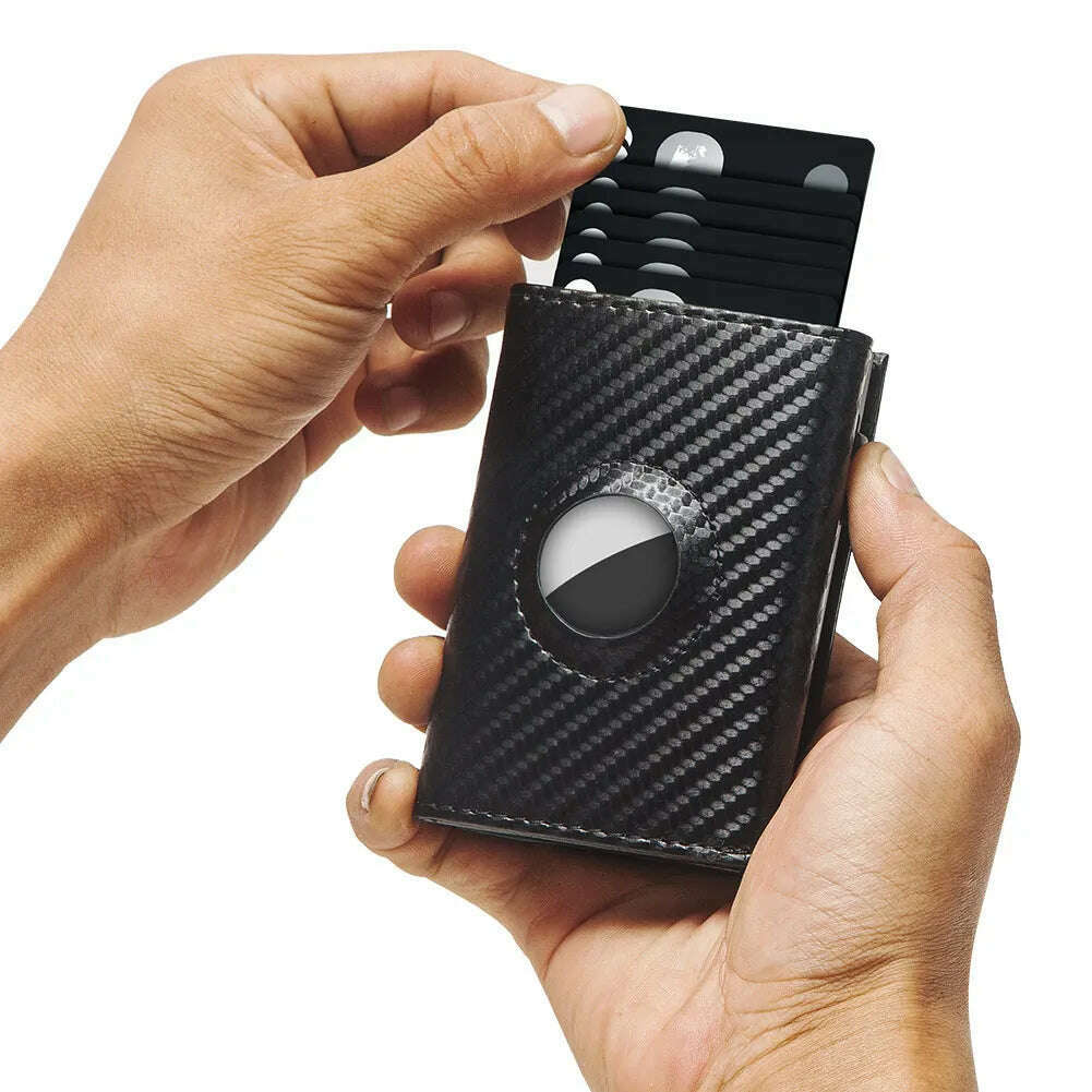 KIMLUD, Carbon Fiber Mens Airtag Wallet RFID Blcoking Pop Up Aluminum Card Holder Slim Male Smart Front Pocket with Banknote Compartment, KIMLUD Womens Clothes