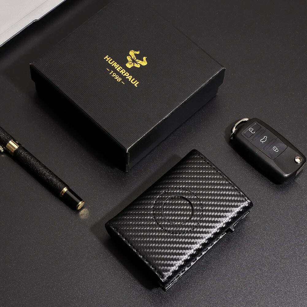 KIMLUD, Carbon Fiber Mens Airtag Wallet RFID Blcoking Pop Up Aluminum Card Holder Slim Male Smart Front Pocket with Banknote Compartment, black box, KIMLUD APPAREL - Womens Clothes