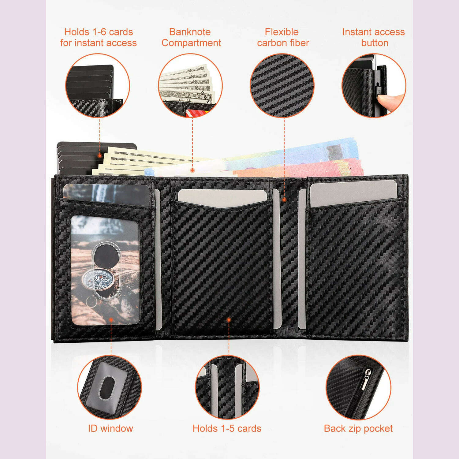KIMLUD, Carbon Fiber Mens Wallet Card Holder RFID Blcoking Pop Up Aluminum Cards Case Slim Male Front Pocket with Banknote Compartment, KIMLUD Womens Clothes