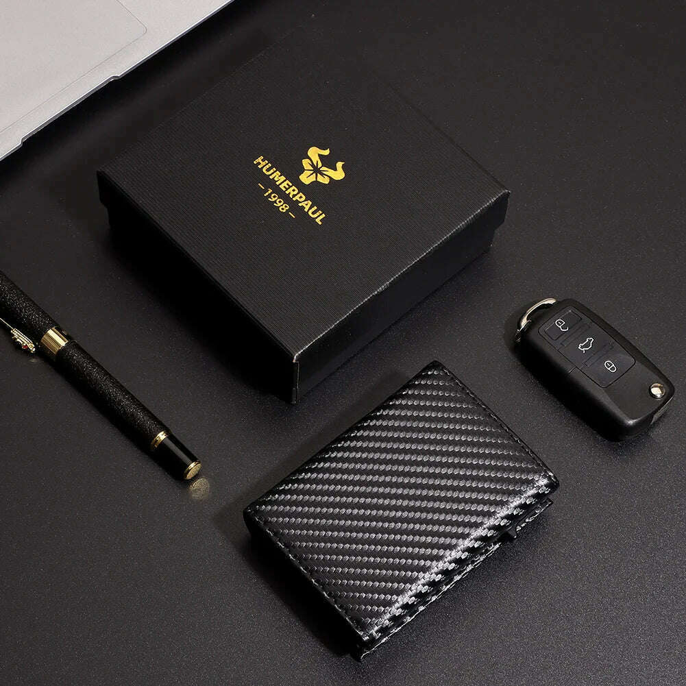 KIMLUD, Carbon Fiber Mens Wallet Card Holder RFID Blcoking Pop Up Aluminum Cards Case Slim Male Front Pocket with Banknote Compartment, with box, KIMLUD APPAREL - Womens Clothes