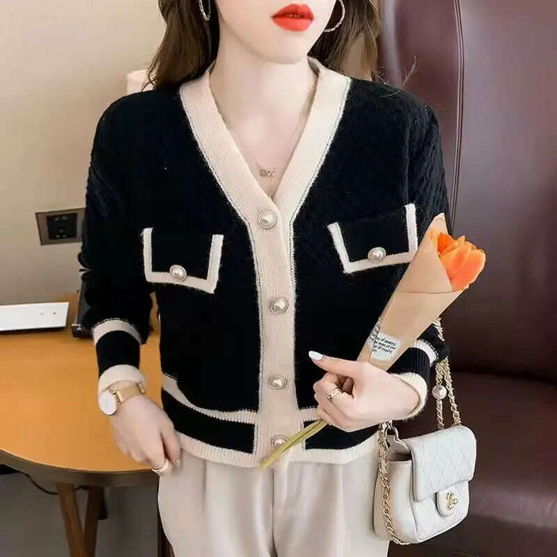 KIMLUD, Cardigan Sweater Women's 2024 Spring and Autumn New Style Small Fragrant V-neck Coat Short Western-style Bottom Shirt Top, KIMLUD Womens Clothes