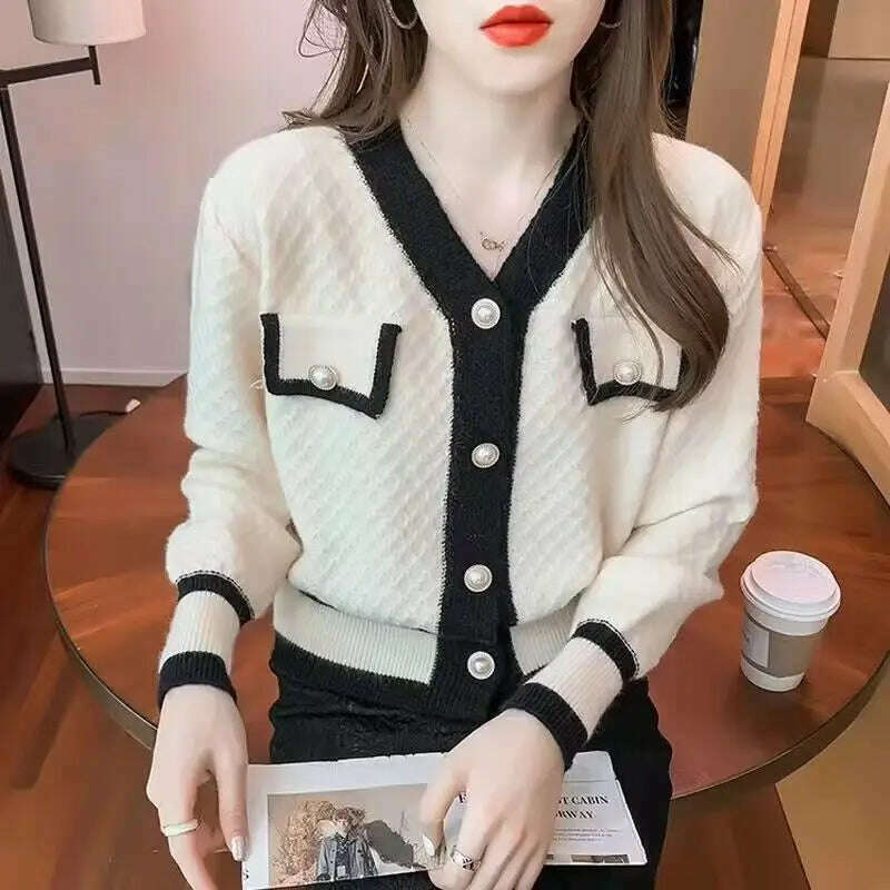 KIMLUD, Cardigan Sweater Women's 2024 Spring and Autumn New Style Small Fragrant V-neck Coat Short Western-style Bottom Shirt Top, Beige / L 57.5-62.5KG, KIMLUD APPAREL - Womens Clothes